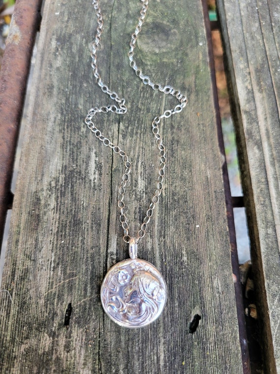 Art nouveau flower lady pendant necklace. Sterling silver French nouveau necklace