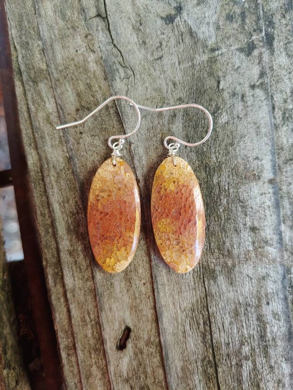 Unique fossil coral earrings. Avail in Sterling silver, gold and rose gold wire wrapping.