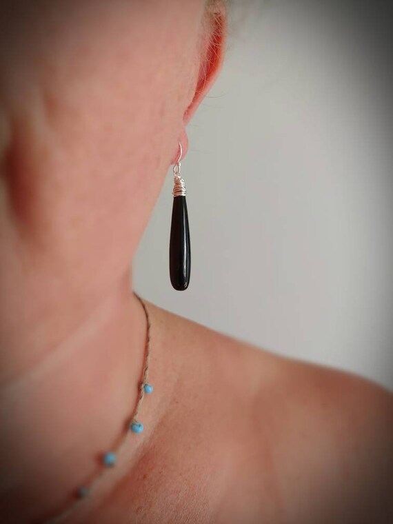 Clearance sale! Long black onyx earrings. Black earrings. Avail in gold filled, rose gold, or sterling silver