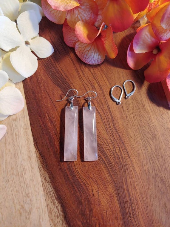 Long rose quartz earrings.  Rectangle rose quartz earrings.  Long pink earrings. Sexy long pink earrings