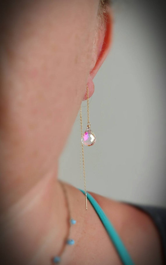 Rainbow quartz threader earrings. Gold threader earrings.  Rose gold threader earrings. Silver threader earrings. Moonstone threaders