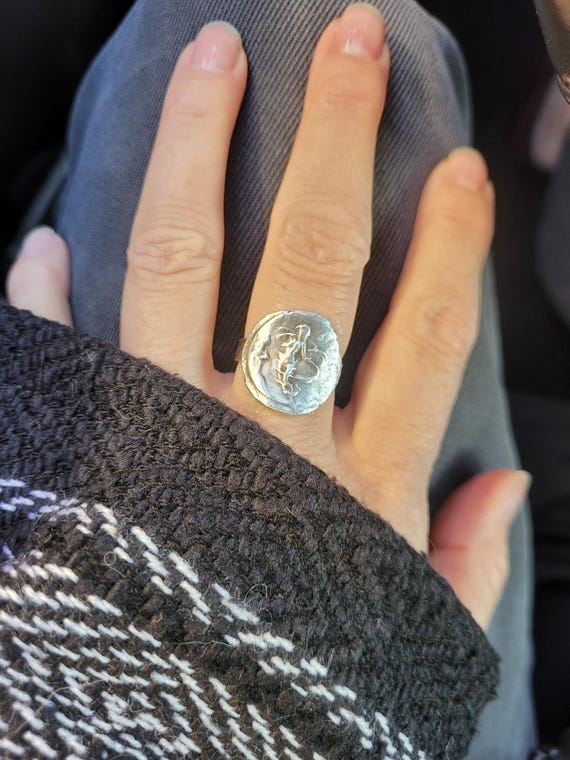 Nouveau twirling and dancing woman ring. Sterling silver nouveau ring.  Coin ring