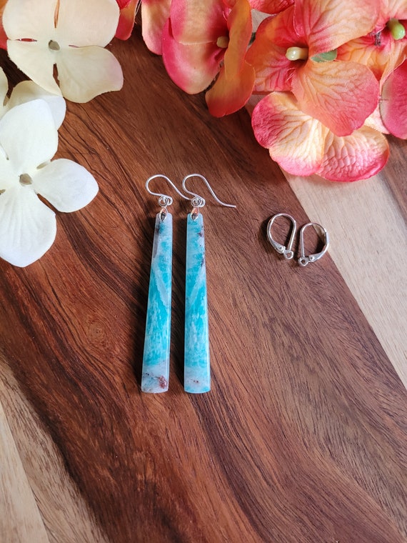 Unique amazonite earrings. Available in sterling silver only. Long amazonite earrings