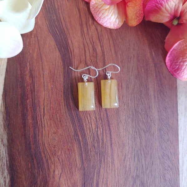 Cushion cut yellow jade earrings.   Gold yellow jade earrings.   Rose gold yellow jade earrings