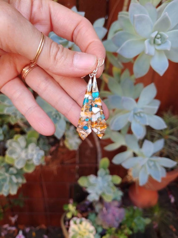 Clearance sale! Spiny oyster turquoise earrings.   Sterling silver turquoise earrings.  Mosaic earrings