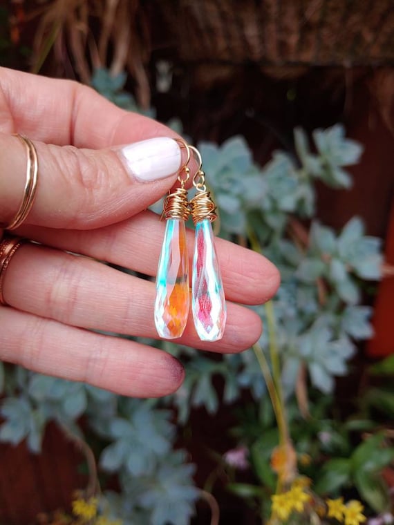 Long rainbow moonstone quartz earrings. Unique opalescent earrings. Avail in gold filled, rose gold, or sterling silver