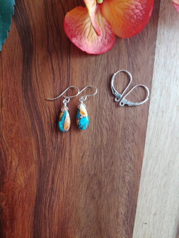 Spiny oyster copper turquoise earrings.  Gold, rose gold filled, or sterling silver available. Mosaic earrings
