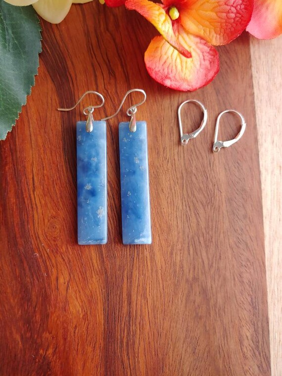 Long blue rectangle onyx earrings. Royal blue earrings. Avail in sterling silver only