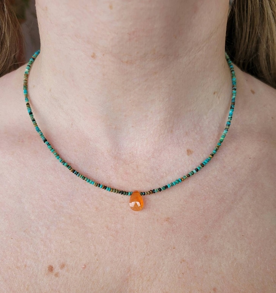 Ultra dainty tibetan turquoise and carnelian in your choice of sterling silver gold or rose gold filled.
