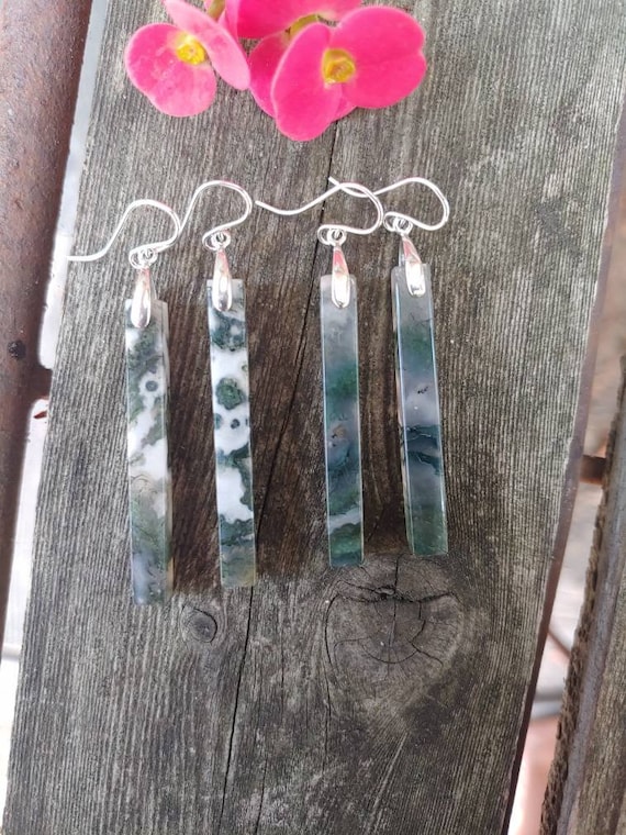 Long silver moss agate earrings.  Unique agate earrings