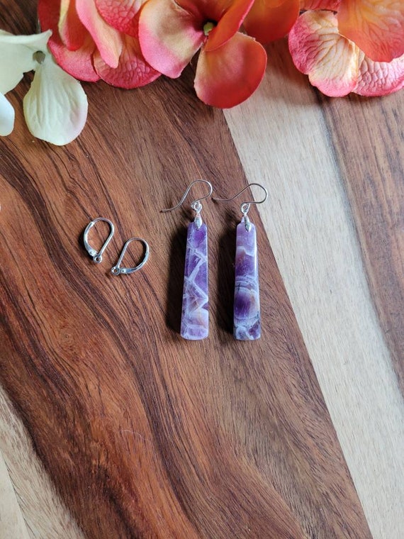 Long amethyst earrings. Sterling silver amethyst earrings. Chevron amethyst. Dog tooth amethyst