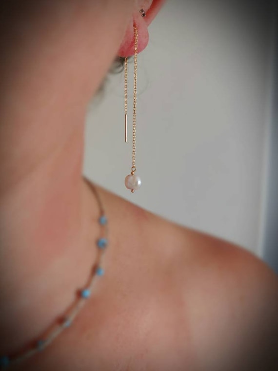 Dainty pearl threader earrings. Long pearl earrings.  Silver, gold filled and rose gold filled available