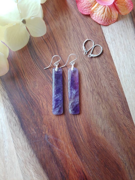 Long rectangle amethyst earrings. Sterling silver amethyst earrings.