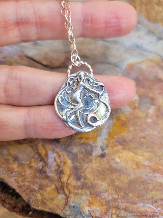 Art nouveau dancing lady pendant necklace. Sterling silver antique necklace. 1900's French necklace