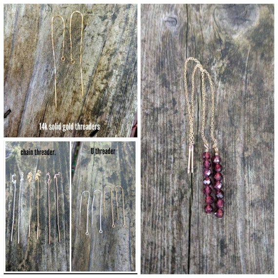 stacked garnet threader earrings. Garnet threaders. Rose gold, gold, and sterling silver available