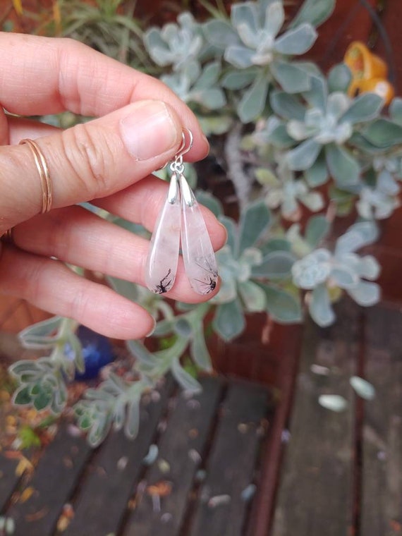 Long black rutilated quartz earrings. Black rutile quartz earrings. Black tourmaline earrings