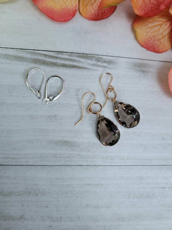 Smoky quartz earrings.  Avail in gold filled, rose gold, and or sterling silver.  Teardrop smoky quartz earrings
