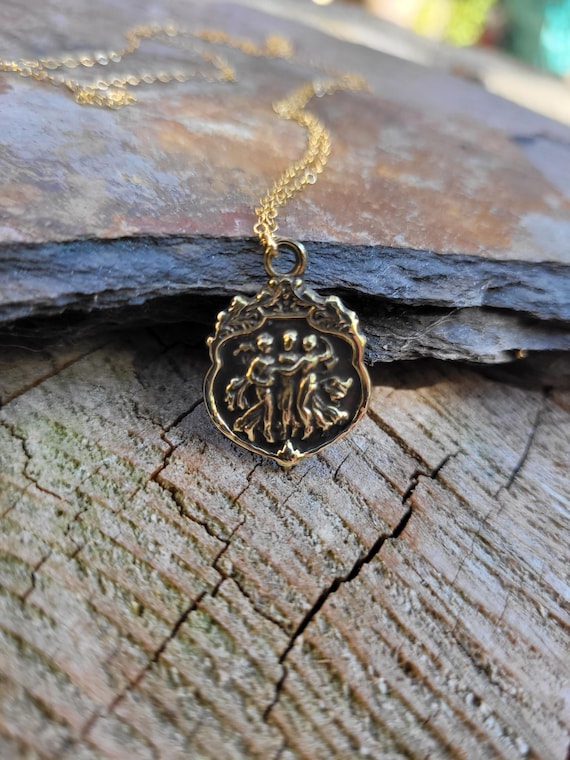 Gold tone Art nouveau 3 graces pendant necklace. Sterling silver antique necklace. 1900's French necklace.
