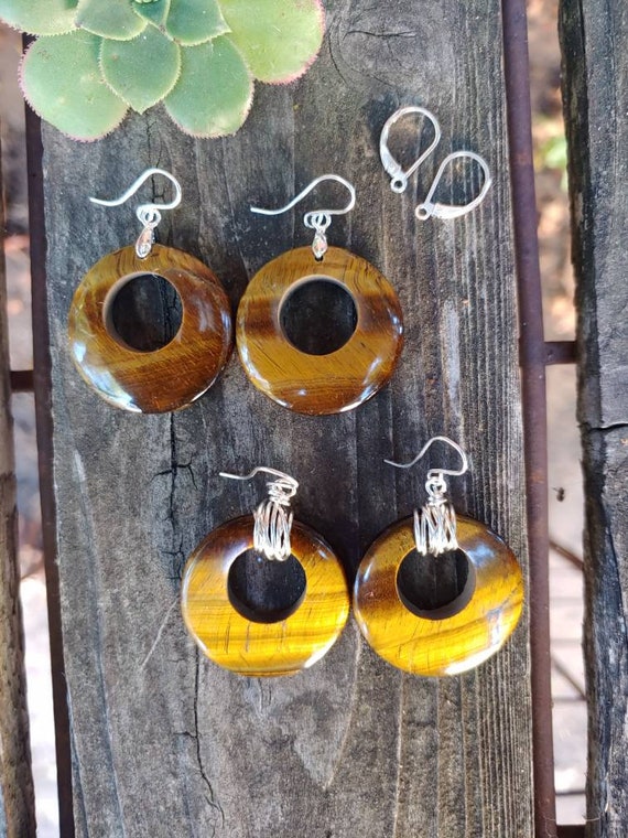 Unique chunky gemstone hoop tiger eye earrings. Silver tiger eye earrings. Gold tiger eye earrings.  Rose gold tiger eye earrings