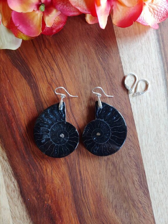 Chunky black ammonite earrings. Matching pair Fossil jewelry.  Sterling silver fossil earrings