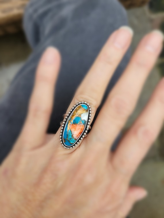 Large spiny oyster statement ring. Sterling silver spiny turquoise ring. Statement ring