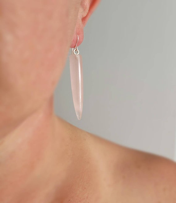 Spike rose quartz earrings.  Unique rose quartz earrings.  Long pink earrings. Sexy long pink earrings