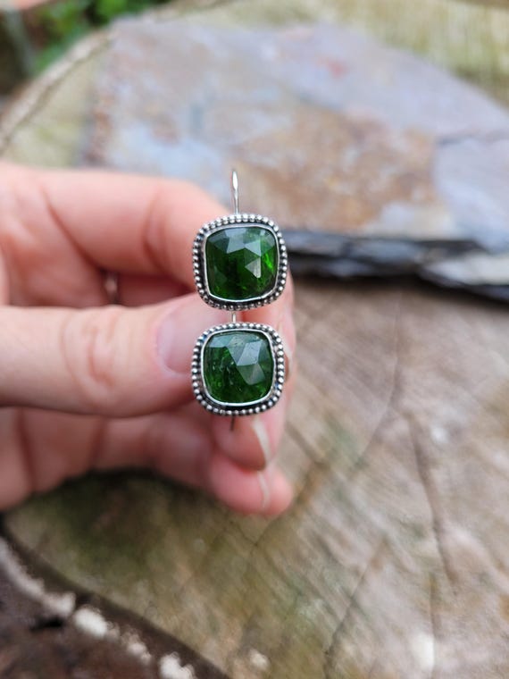 Sterling silver chrome diopside earrings. Dark green flashy earrings. Dainty unique earrings