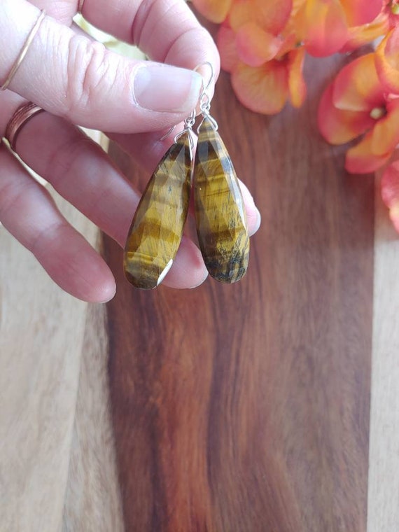 Long faceted tiger eye earrings.   Gold tigers eye earrings.   Rose gold tigers eye earrings