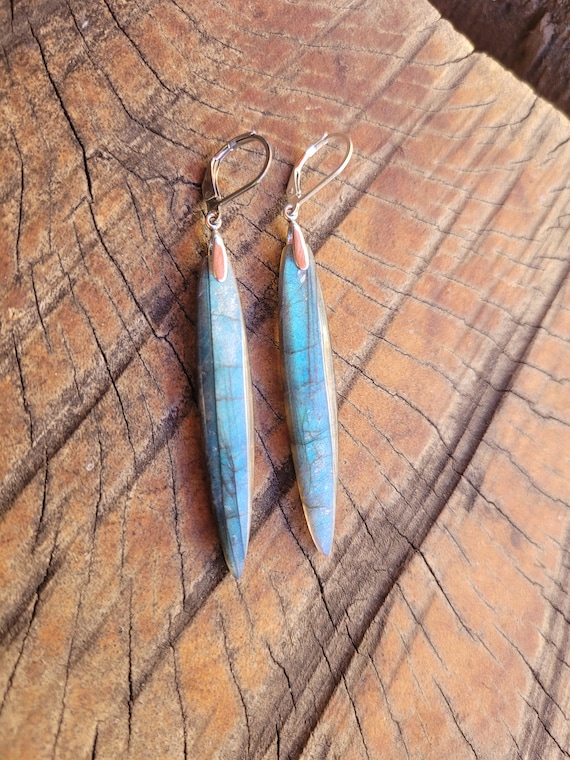Long Labradorite earrings. Dagger earrings. Silver labradorite point earrings