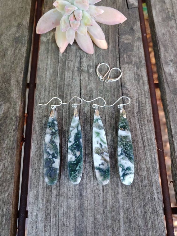 Clearance sale! Long silver moss agate earrings.  Unique agate earrings