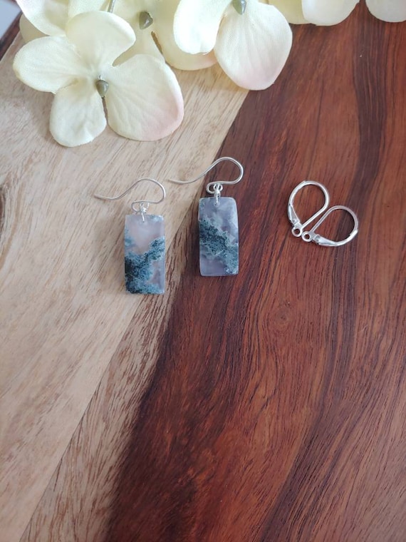 Dainty green moss agate earrings.  Unique green earrings.  Sterling silver, gold or rose gold filled