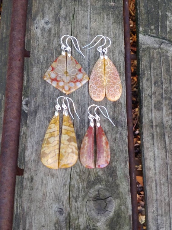 Unique fossil coral earrings. Avail in Sterling only