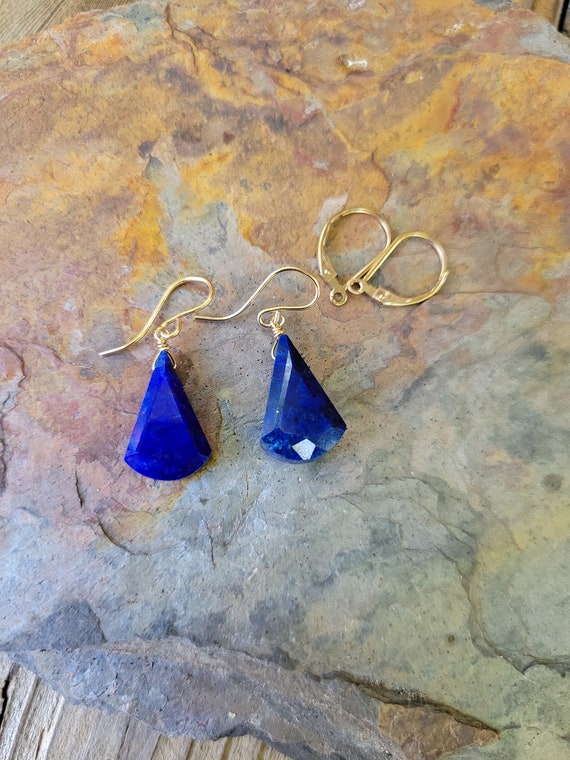 Unique Lapis lazuli earrings. Available in gold filled, rose gold, and Sterling silver.   lapis earrings
