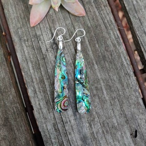 Long Abalone paua shell vaneer earrings. Silver shell earrings. Nautical earrings. Rainbow earrings