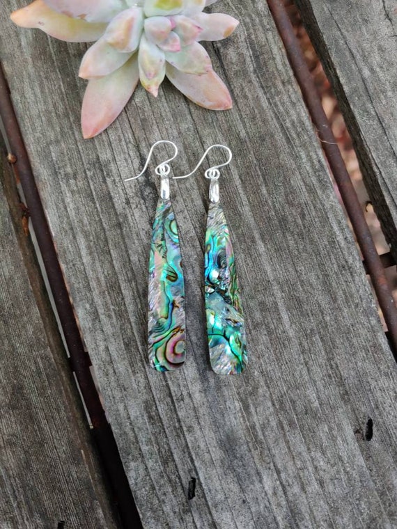 Long Abalone paua shell vaneer earrings. Silver shell earrings. Nautical earrings. Rainbow earrings