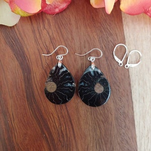 Unique black ammonite earrings. Sterling silver ammonite earrings.  Fossil jewelry
