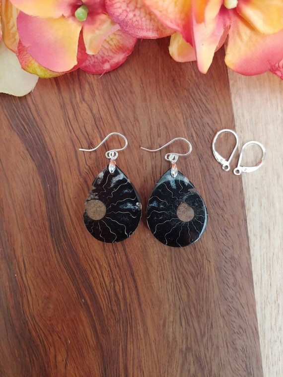 Unique black ammonite earrings. Sterling silver ammonite earrings.  Fossil jewelry