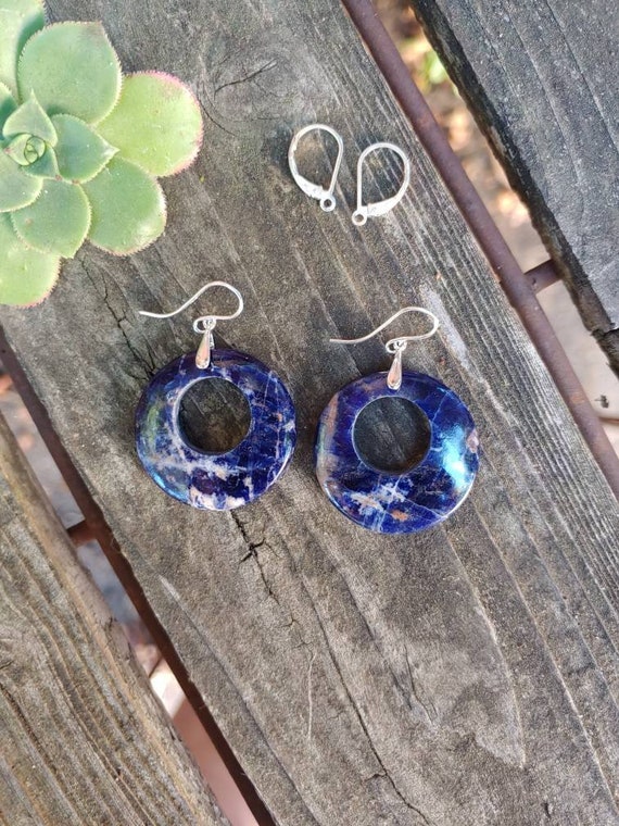 Unique chunky gemstone hoop sodalite earrings. Silver sodalite earrings. Gold sodalite earrings.  Rose gold sodalite earrings