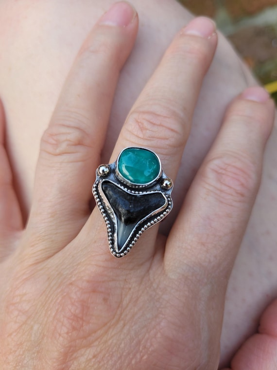 Adjustable! Sterling silver megalodon shark tooth and turquoise gemstone ring. Sterling silver turquoise ring.  One of a kind custom ring.