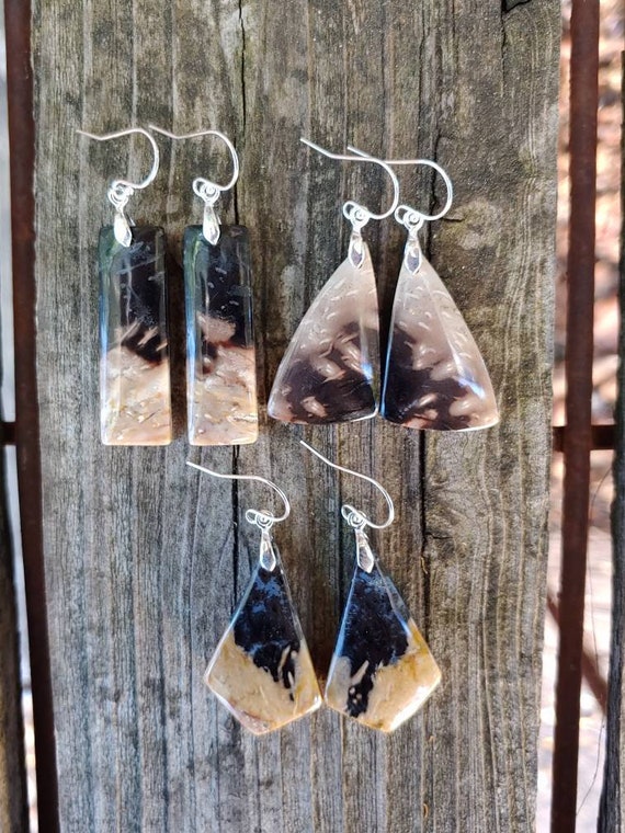Fossilized palm wood earrings. Palm wood earrings. Avail in sterling silver only