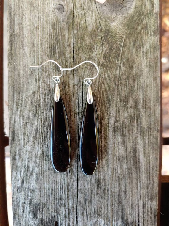 Long black onyx earrings. Black earrings. Avail in sterling silver only