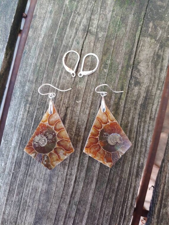 Unique fossil earrings. Sterling silver ammonite earrings.  Fossil jewelry. One of a kind