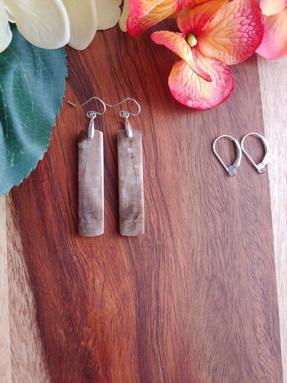 Fossilized wood earrings. Long wood earrings. Petrified wood
