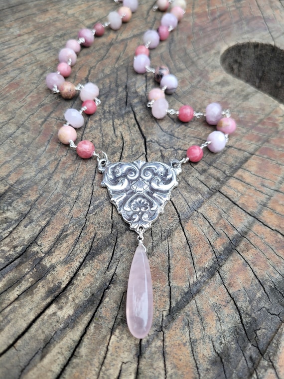 Art nouveau statement necklace with rose quartz,  rhodonite, kunzite and morganite. Sterling silver beaded statement necklace.