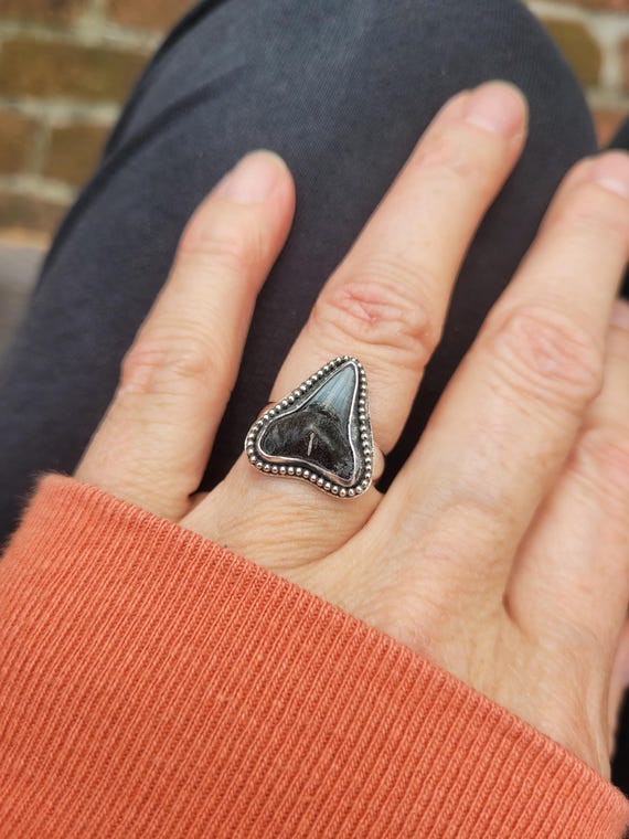 Silver shark tooth ring. Sterling silver megalodon ring.  One of a kind custom ring.