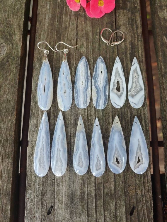 Unique long blue lace agate earrings.  Silver blue lace agate earrings