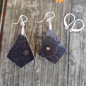 Unique black ammonite earrings. Sterling silver ammonite earrings.  Fossil jewelry