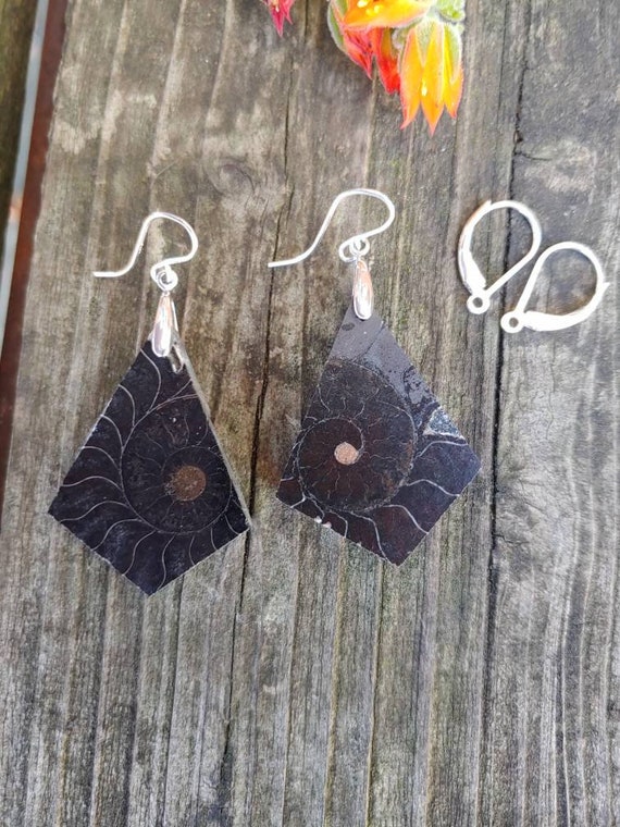 Unique black ammonite earrings. Sterling silver ammonite earrings.  Fossil jewelry