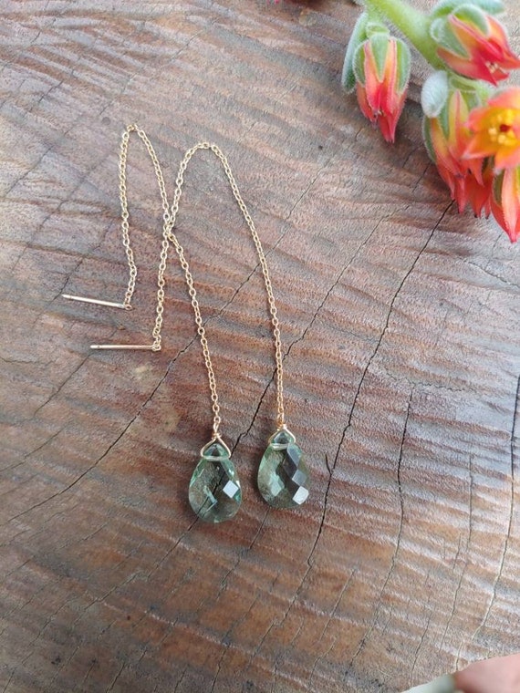 Dainty green amethyst quartz threader earrings. Amethyst earrings.  Silver, gold filled and rose gold filled available