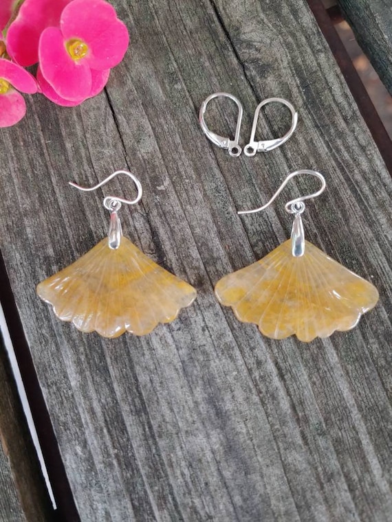 Just listed! Carved yellow jade earrings. Ginko earrings.  Ginko leaf. Jade ginko earrings
